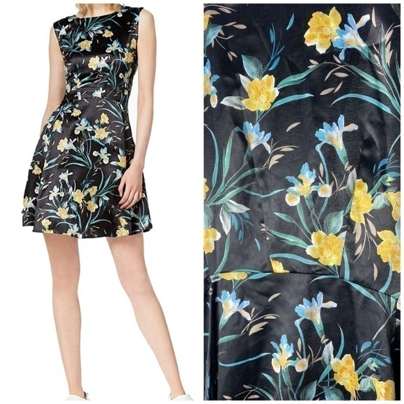 Bar III Black Yellow Floral Tropical Fit & Flare Satin Silky Dress Size Medium - Picture 1 of 5